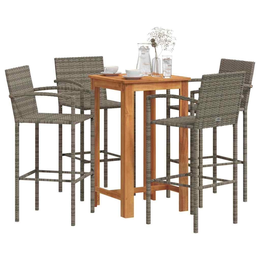 5 Pcs conjunto de bar p/ jardim acácia maciça/vime PE cinzento