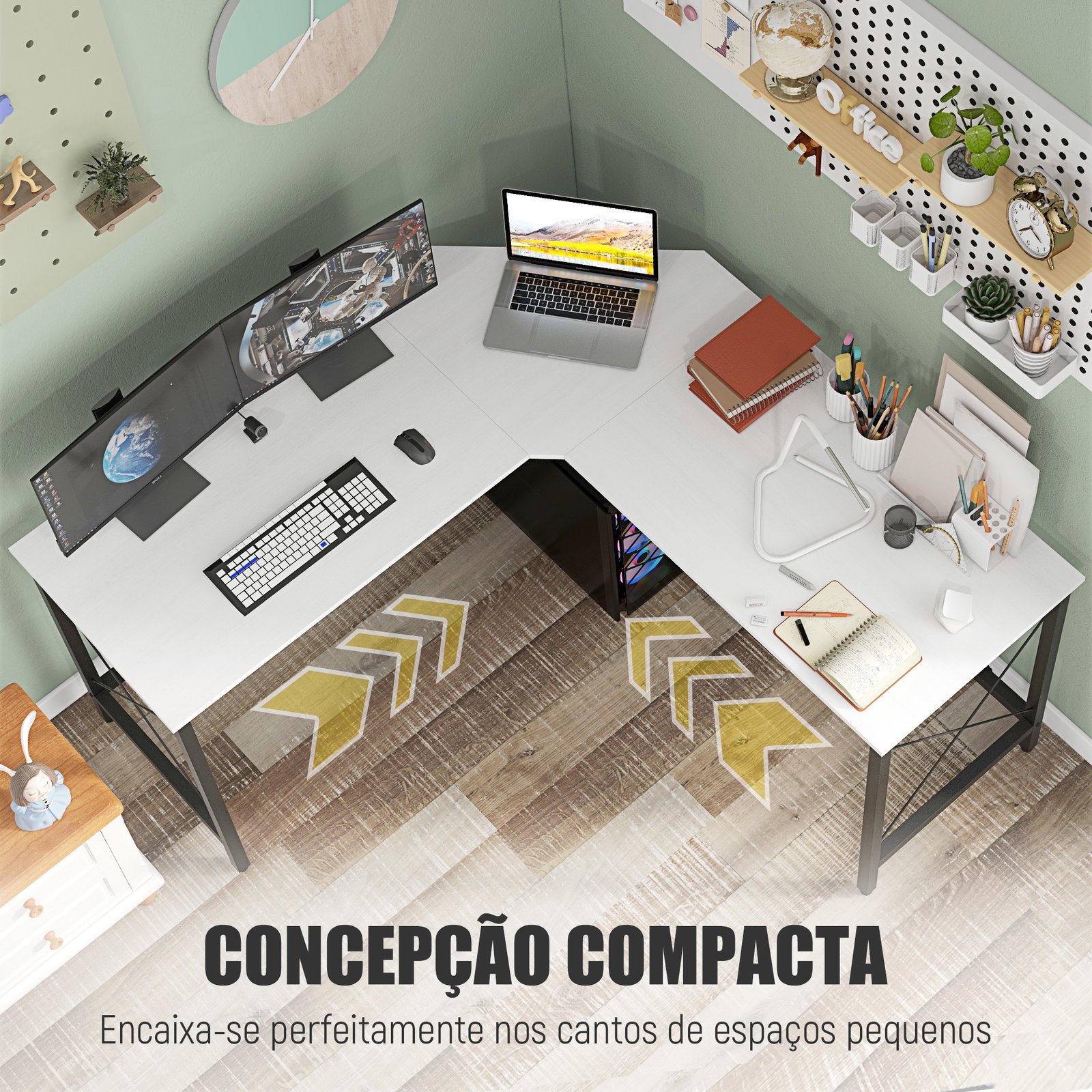 Secretária em forma de l secretária para escritório com estrutura de metal secretária de canto 150x150x76 cm branco e preto