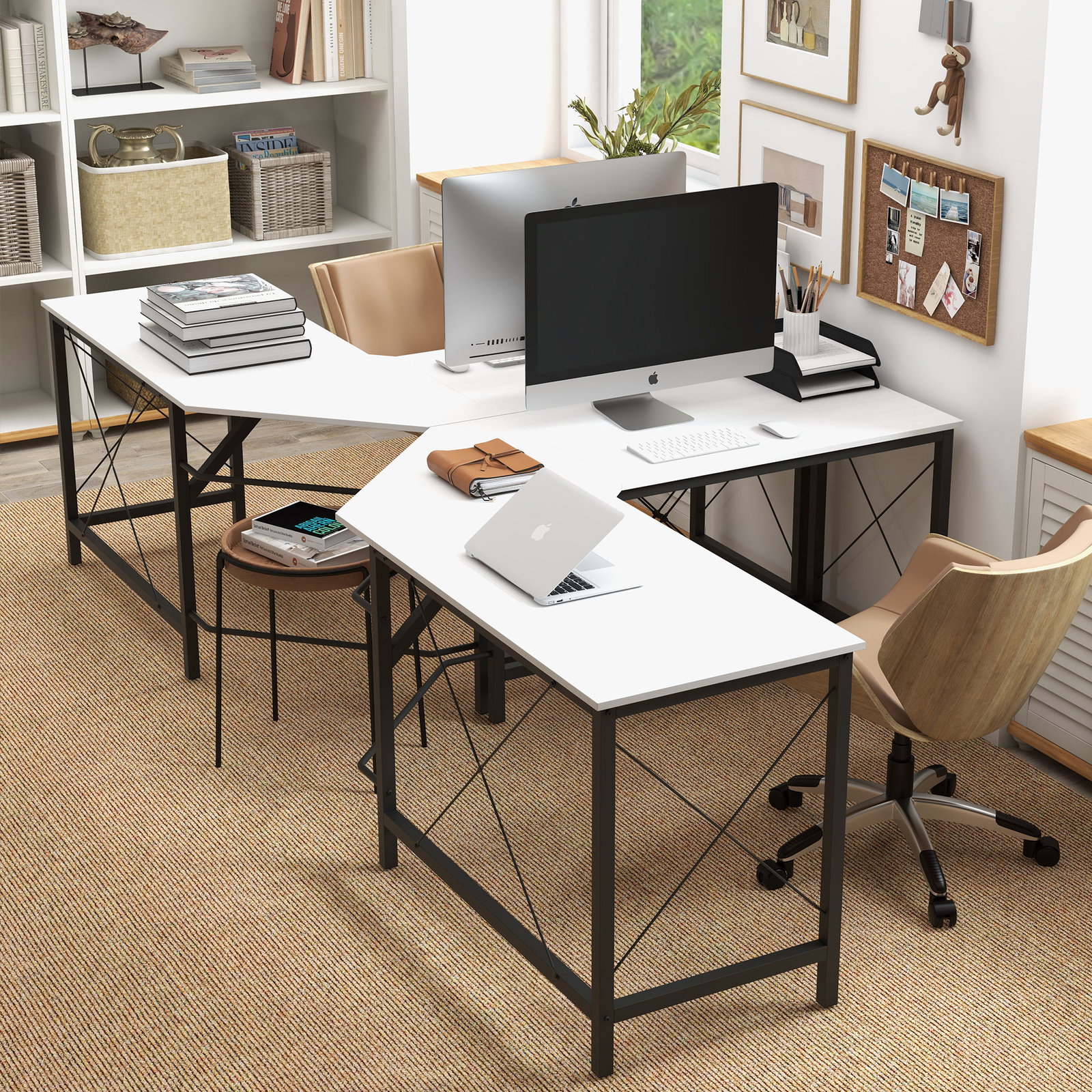 Secretária em forma de l secretária para escritório com estrutura de metal secretária de canto 150x150x76 cm branco e preto
