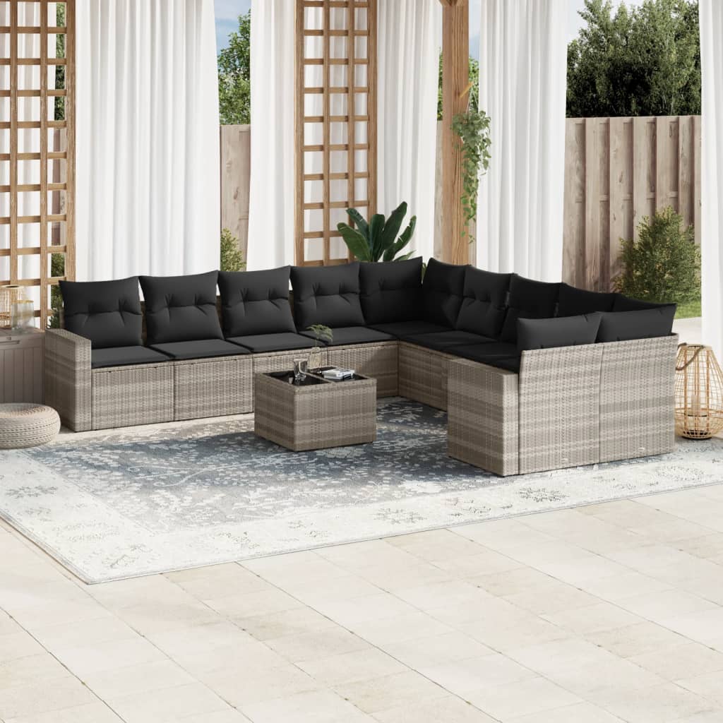 11 Pcs conjunto sofás de jardim c/ almofadões vime PE cinzento
