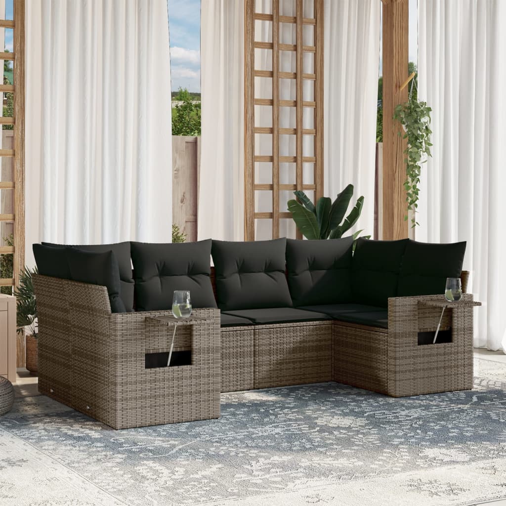 6 Pcs conjunto sofás de jardim com almofadões vime cinzento