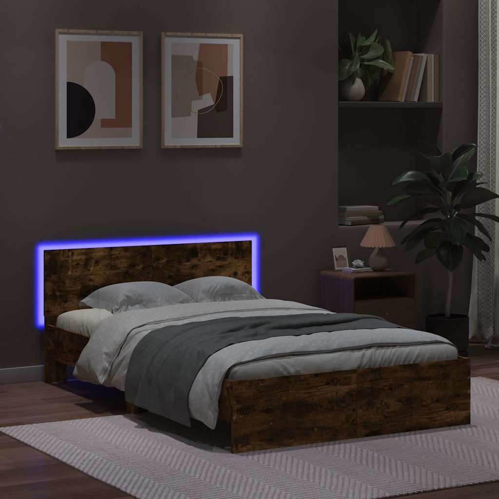 Estrutura cama c/ cabeceira/luzes LED 135x190cm carvalho fumado