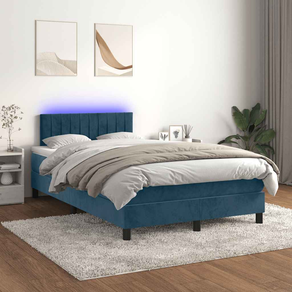 Cama box spring colchão LED 120x190cm couro artif. azul-escuro