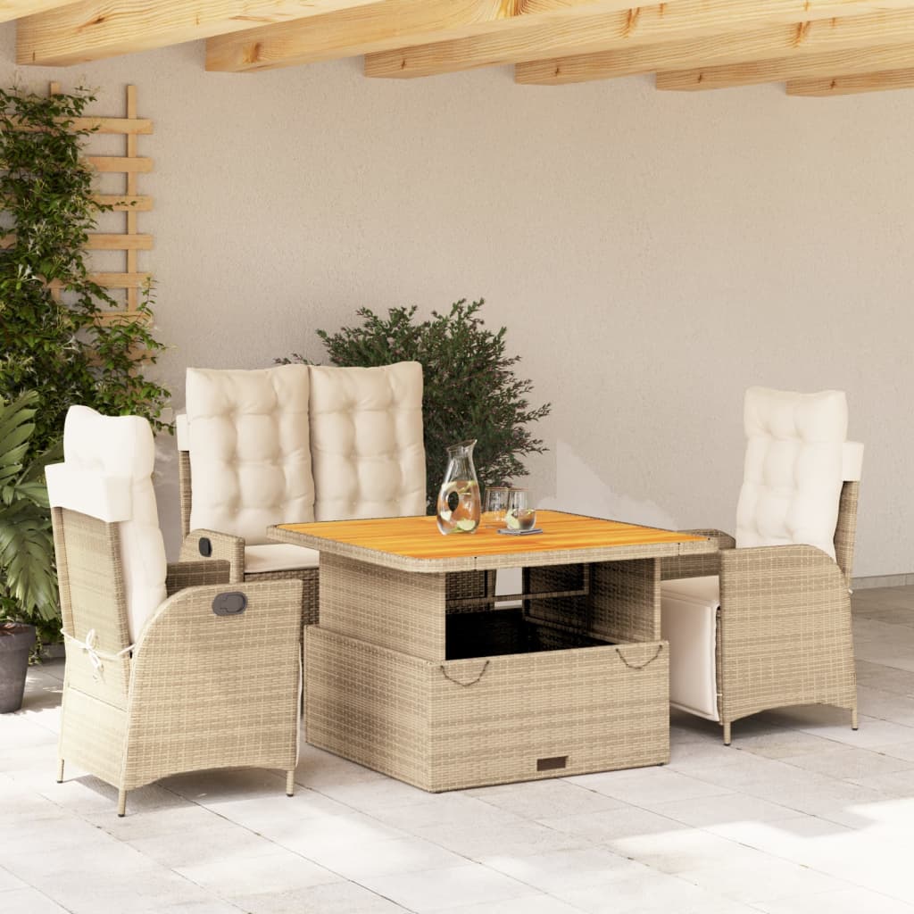 4 Pcs conjunto de jantar p/ jardim c/ almofadões vime PE bege