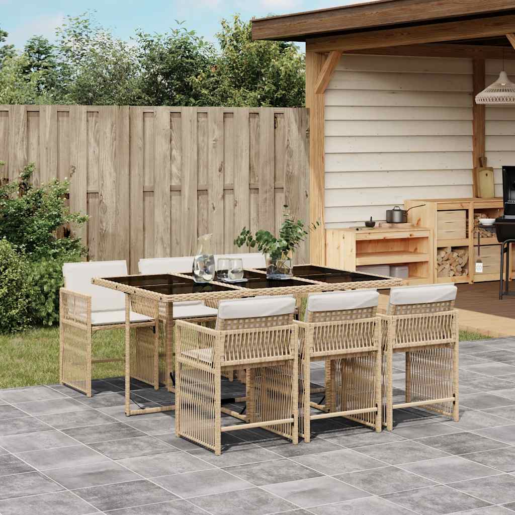 7 Pcs conjunto de jantar p/ jardim com almofadões vime PE bege