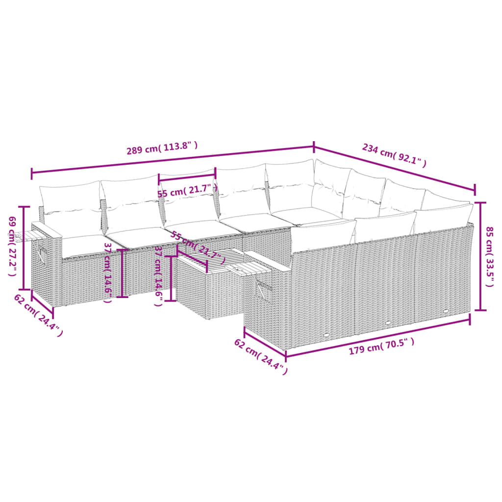 11 Pcs conjunto sofás de jardim c/ almofadões vime PE preto
