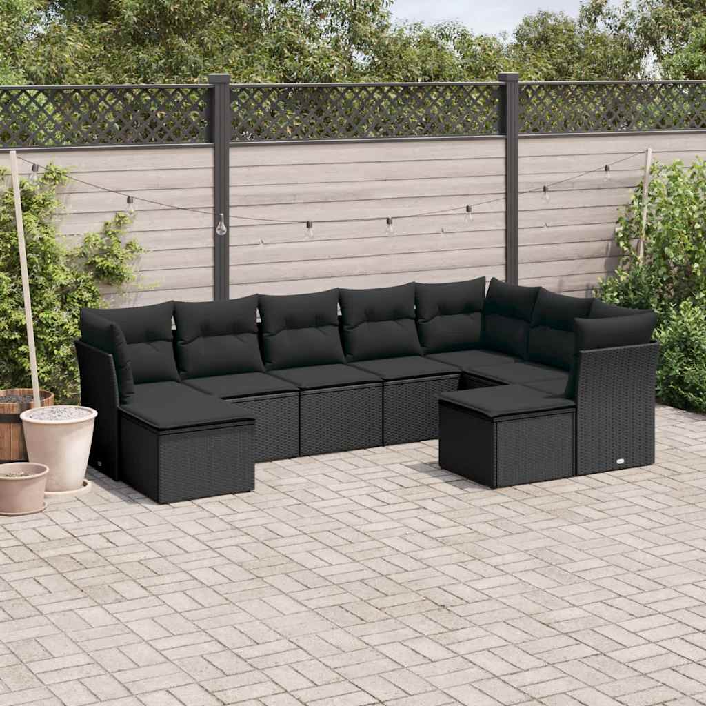 9 Pcs conjunto de sofás p/ jardim c/ almofadões vime PE preto