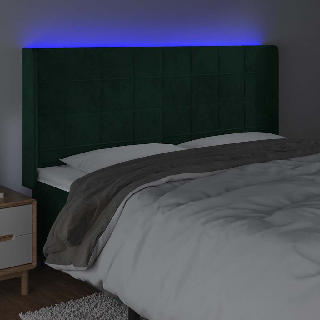 Cabeceira de cama c/ LED veludo 203x16x118/128 cm verde-escuro