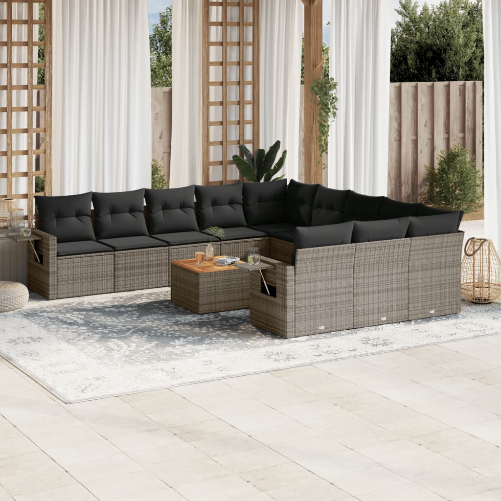 12 Pcs conjunto de sofás jardim c/ almofadões vime PE cinzento