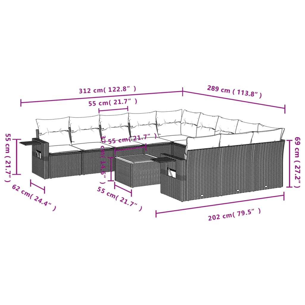 12 Pcs conjunto de sofás jardim c/ almofadões vime PE cinzento