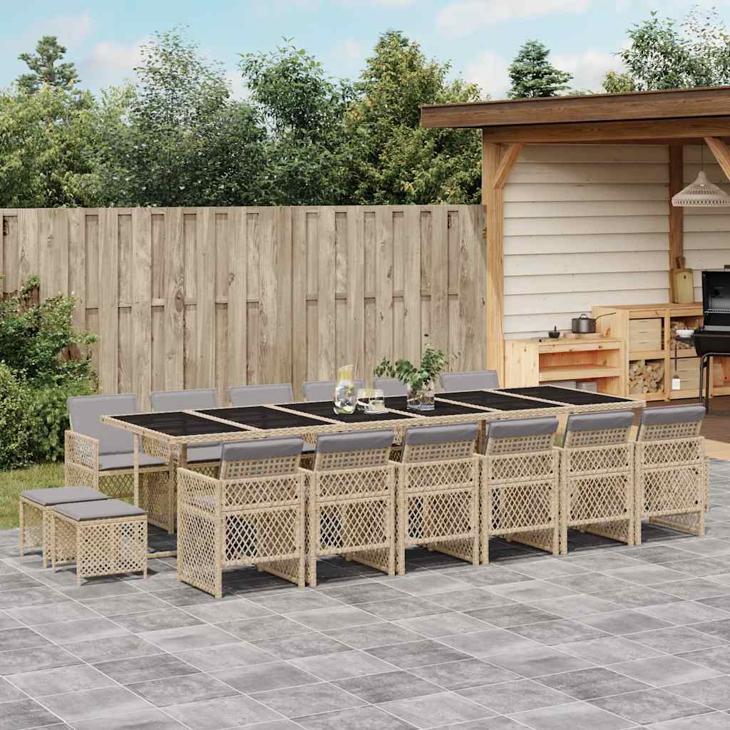 17 Pcs conjunto de jantar p/ jardim c/ almofadões vime PE bege