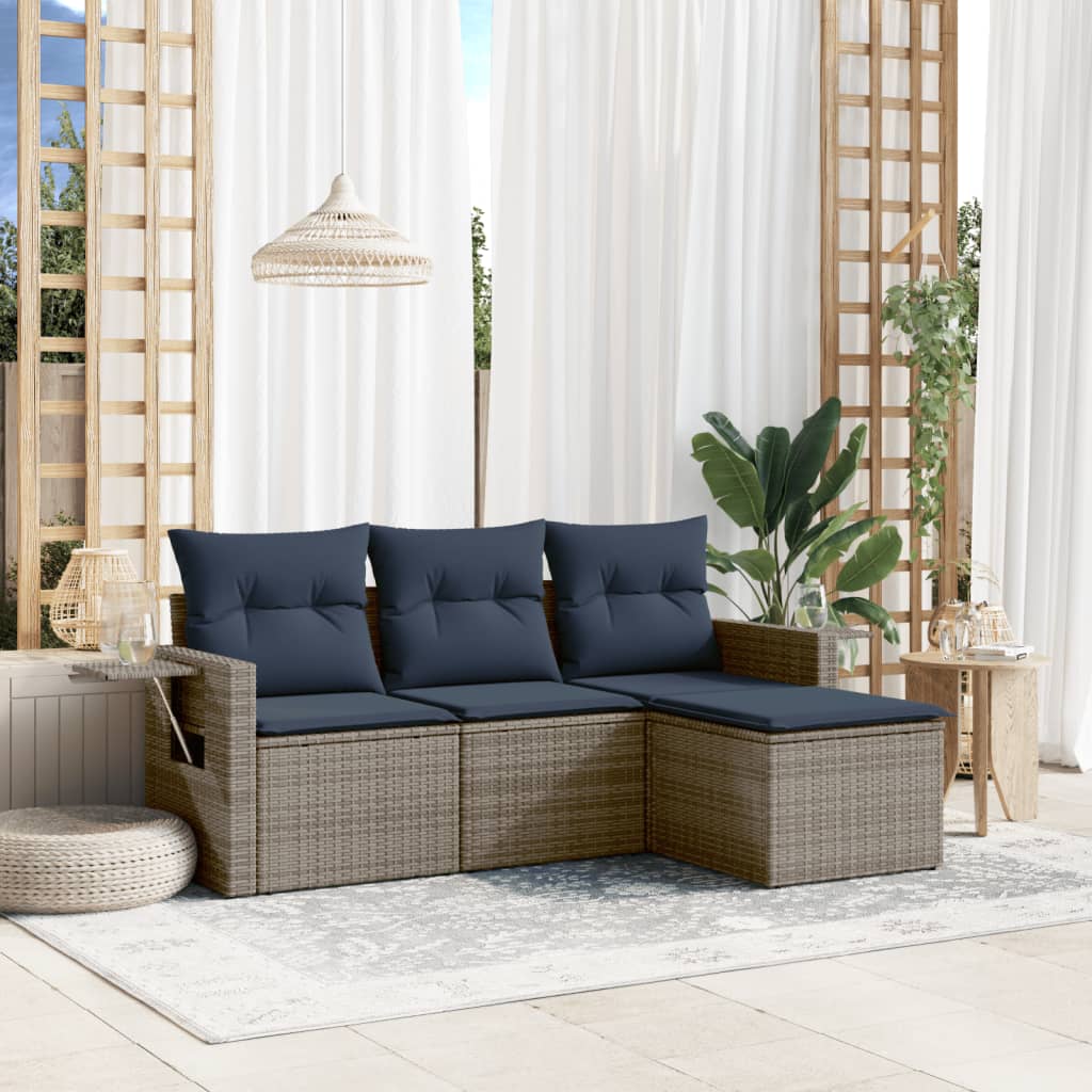 Conjunto de sofá de jardim com 4 peças e almofadas em rattan sintético cinza