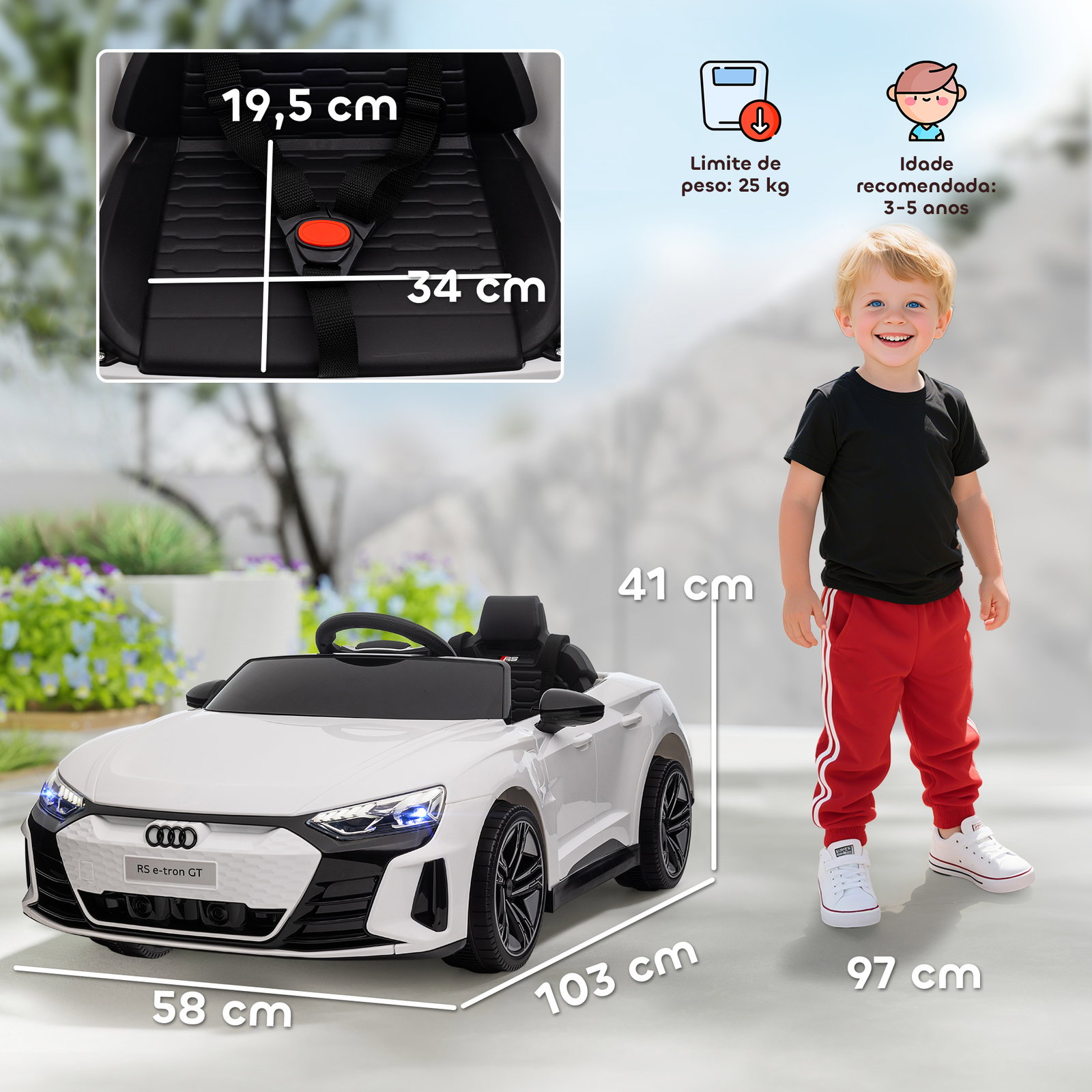 Carro elétrico audi rs e-tron gt 12v com 2 motores controlo remoto faróis LED buzina música USB 3-5km/h 103x58x41cm branco