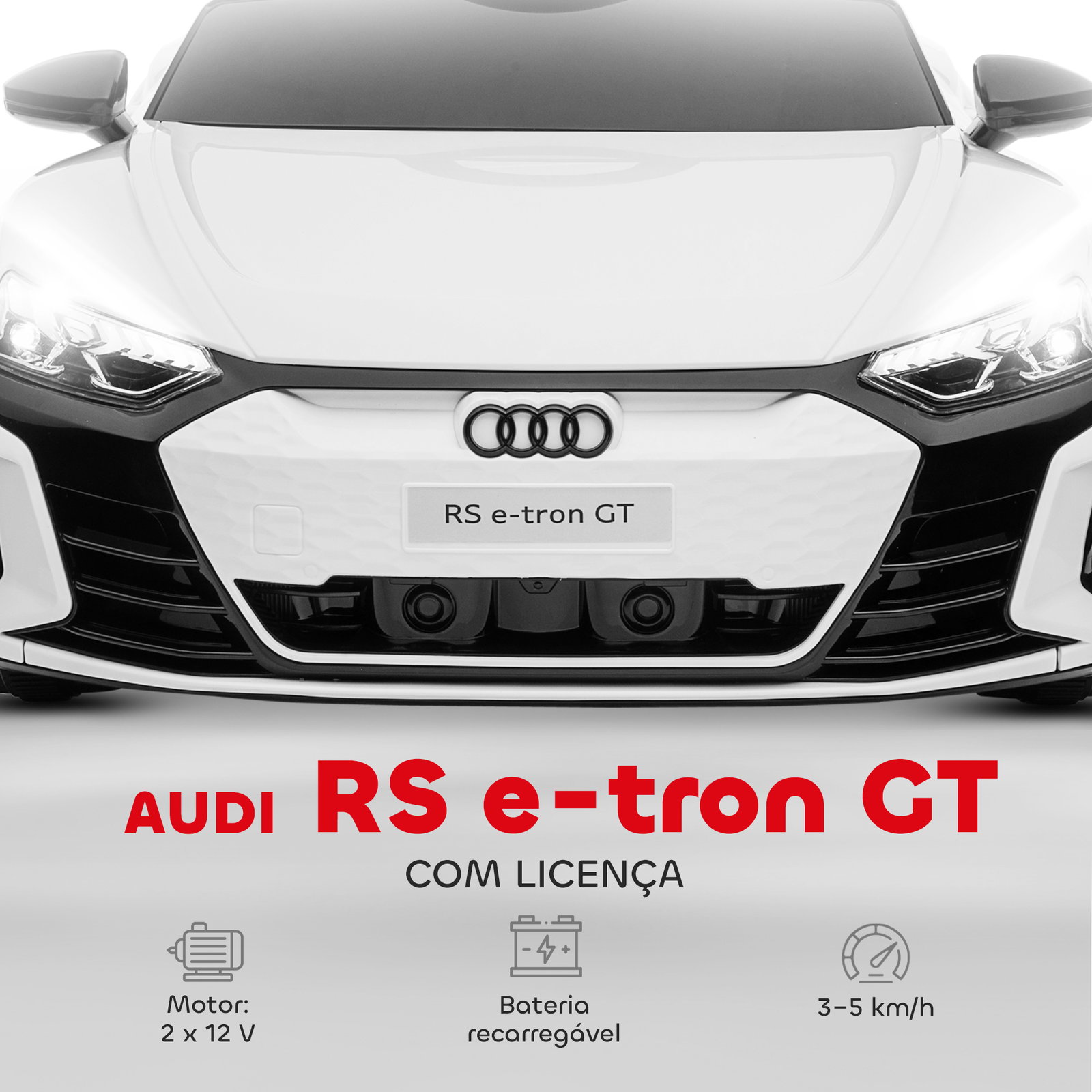 Carro elétrico audi rs e-tron gt 12v com 2 motores controlo remoto faróis LED buzina música USB 3-5km/h 103x58x41cm branco