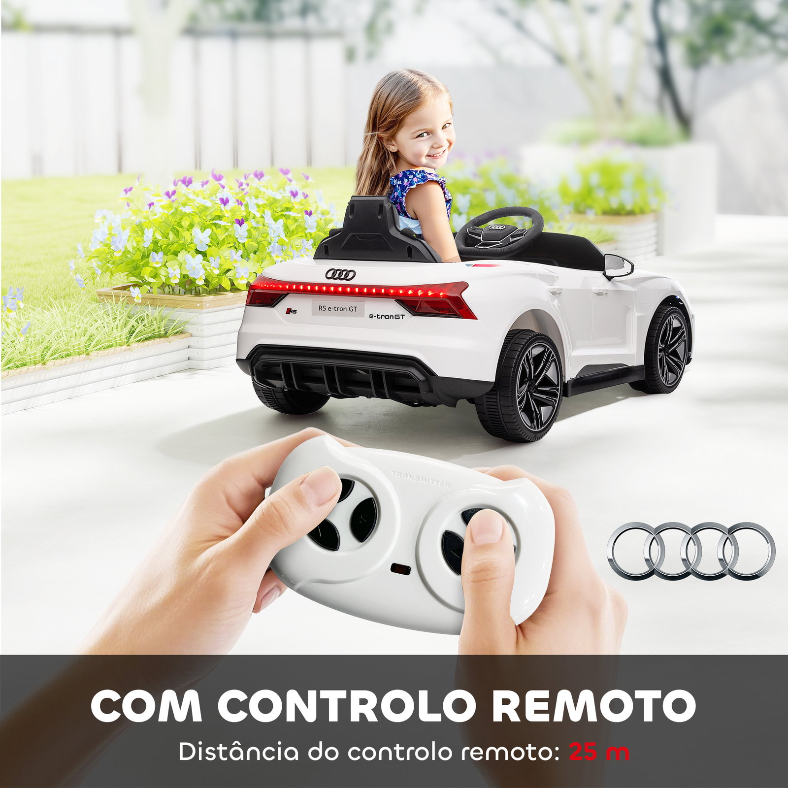 Carro elétrico audi rs e-tron gt 12v com 2 motores controlo remoto faróis LED buzina música USB 3-5km/h 103x58x41cm branco