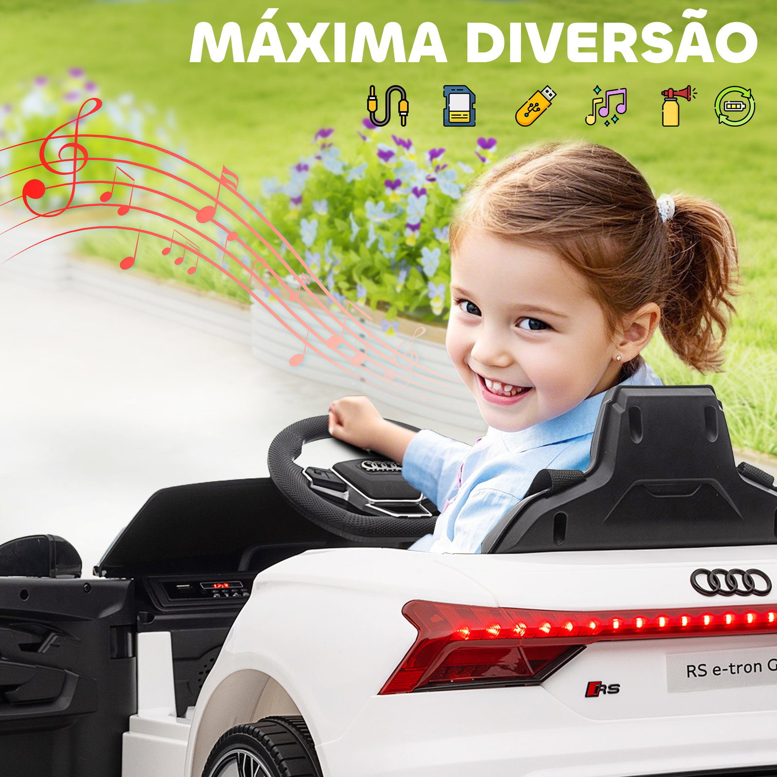 Carro elétrico audi rs e-tron gt 12v com 2 motores controlo remoto faróis LED buzina música USB 3-5km/h 103x58x41cm branco