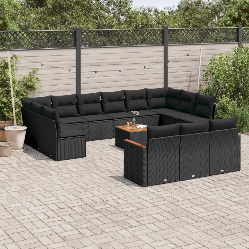 14 Pcs conjunto de sofás p/ jardim c/ almofadões vime PE preto