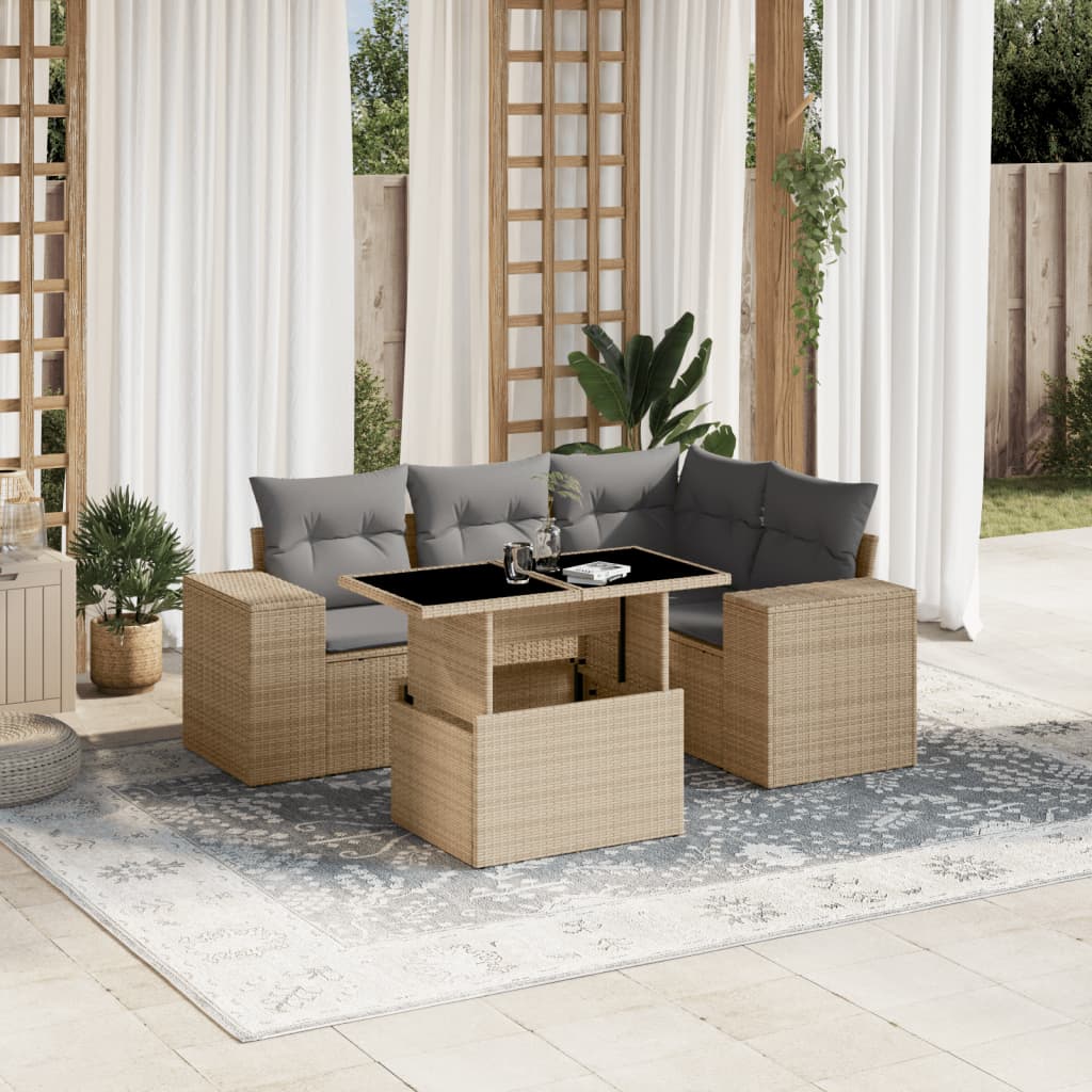 5 Pcs conjunto de sofás p/ jardim com almofadões vime PE bege
