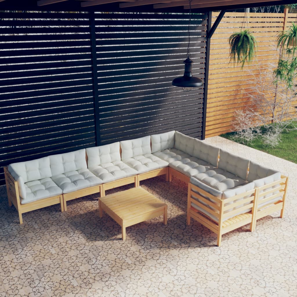 10 Pcs conjunto lounge de jardim c/ almofadões cor creme pinho