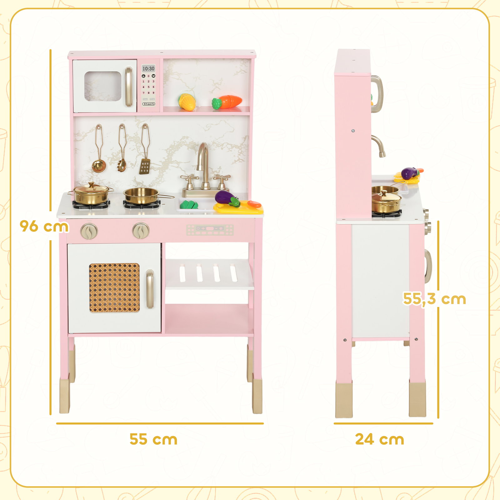 Cozinha de brincar em madeira com som acessórios em aço inoxidável micro-ondas forno lava-loiças legumes para cortar 55x24x96 cm rosa