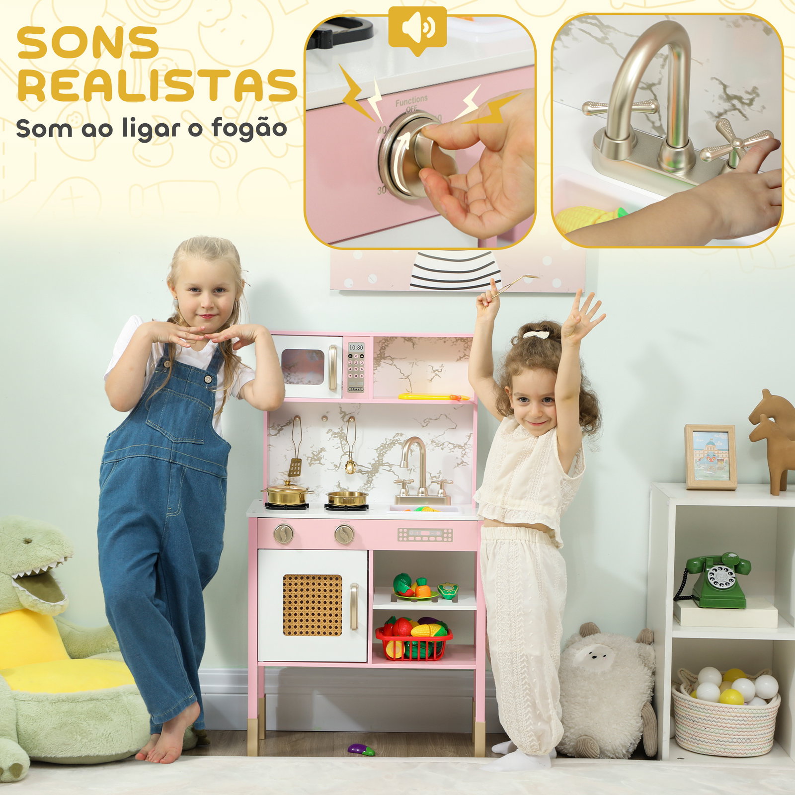 Cozinha de brincar em madeira com som acessórios em aço inoxidável micro-ondas forno lava-loiças legumes para cortar 55x24x96 cm rosa