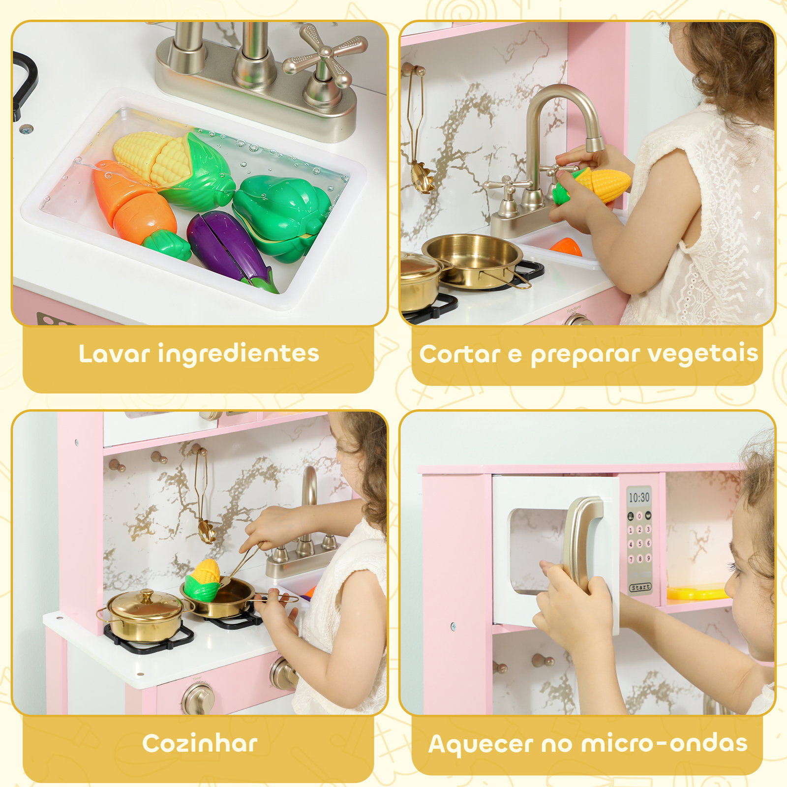 Cozinha de brincar em madeira com som acessórios em aço inoxidável micro-ondas forno lava-loiças legumes para cortar 55x24x96 cm rosa