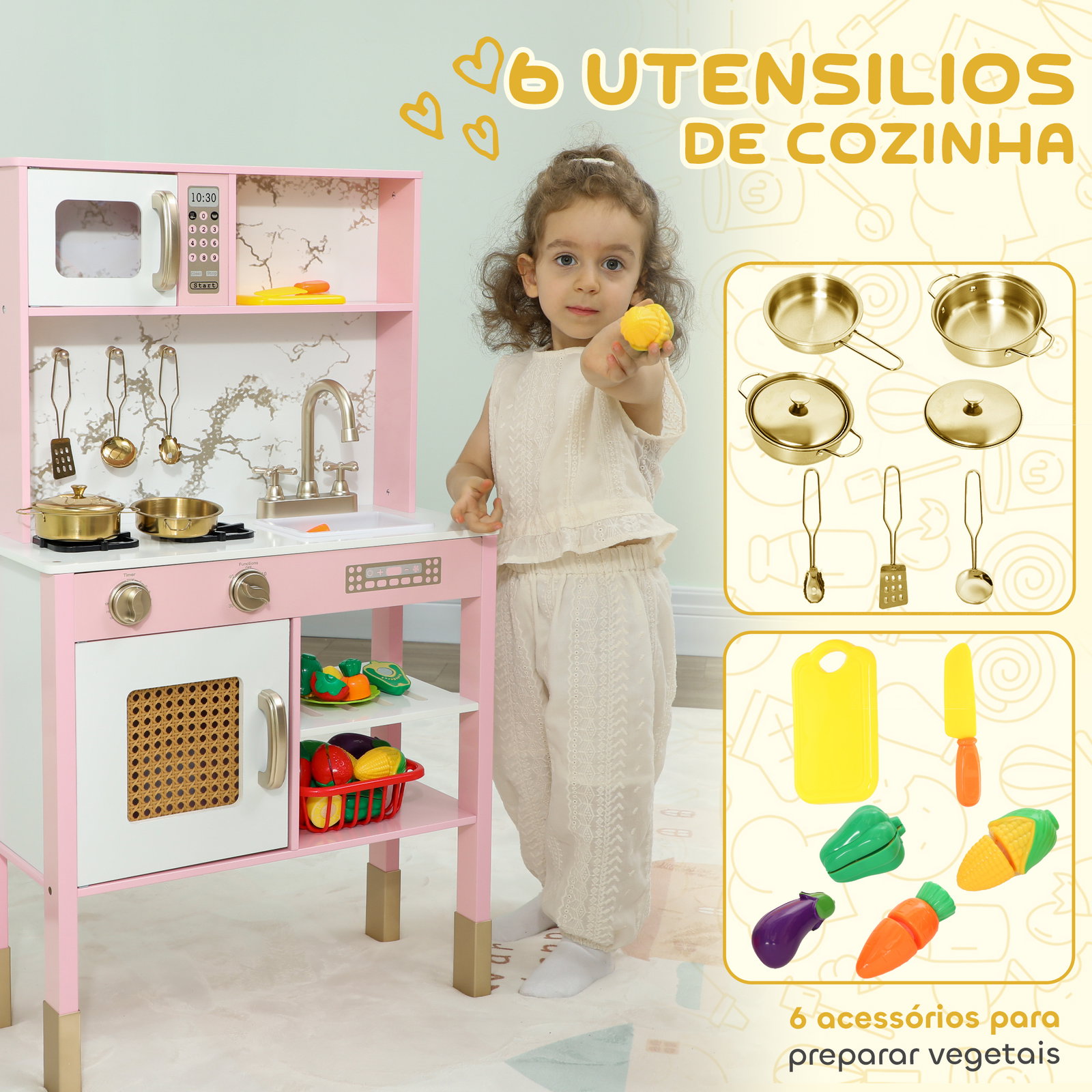 Cozinha de brincar em madeira com som acessórios em aço inoxidável micro-ondas forno lava-loiças legumes para cortar 55x24x96 cm rosa