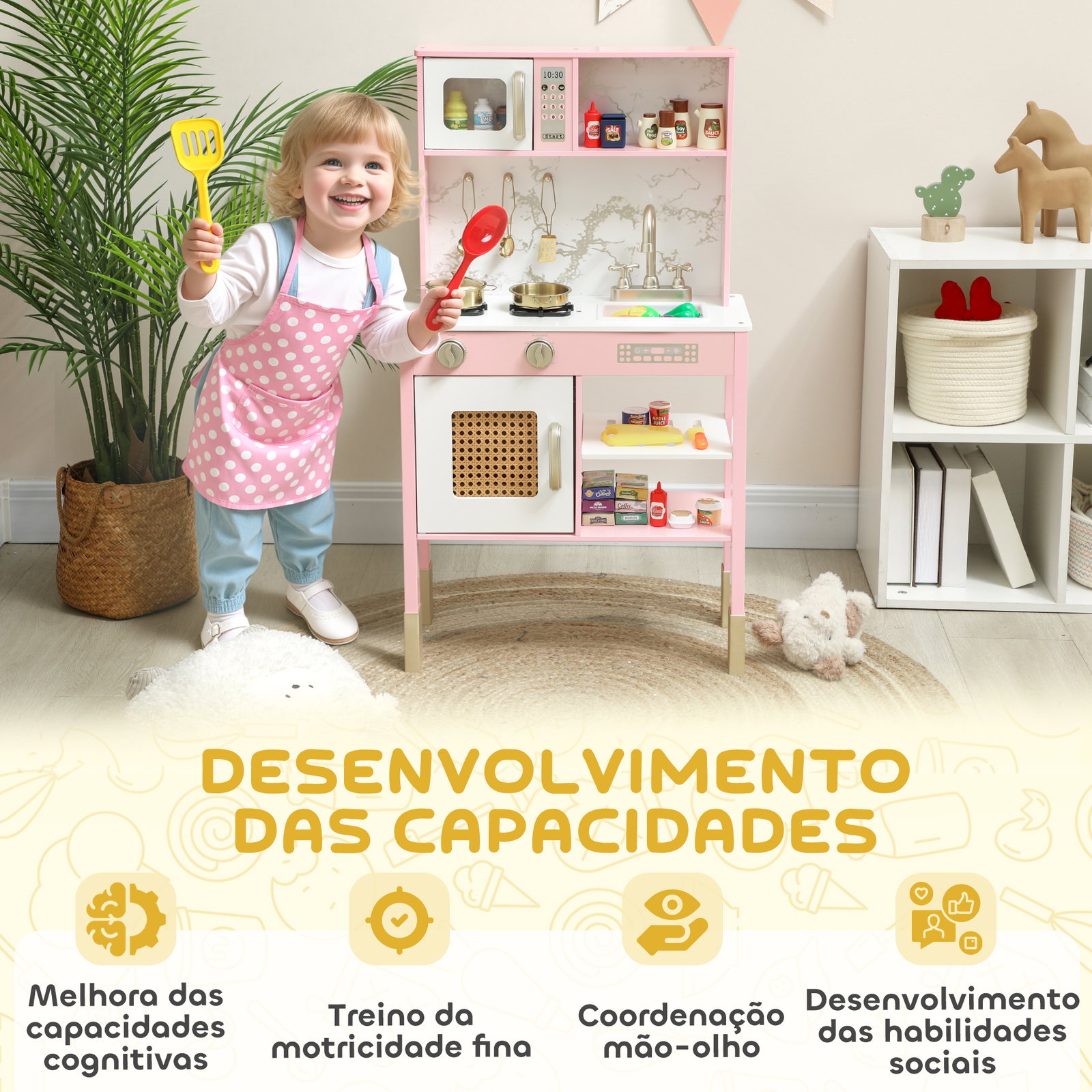 Cozinha de brincar em madeira com som acessórios em aço inoxidável micro-ondas forno lava-loiças legumes para cortar 55x24x96 cm rosa