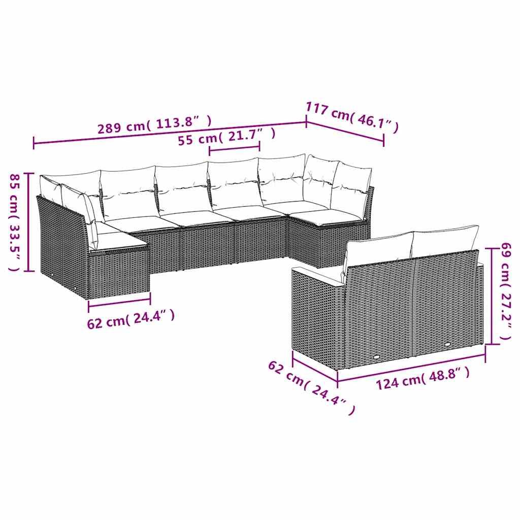 9 Pcs conjunto de sofás p/ jardim c/ almofadões vime PE preto