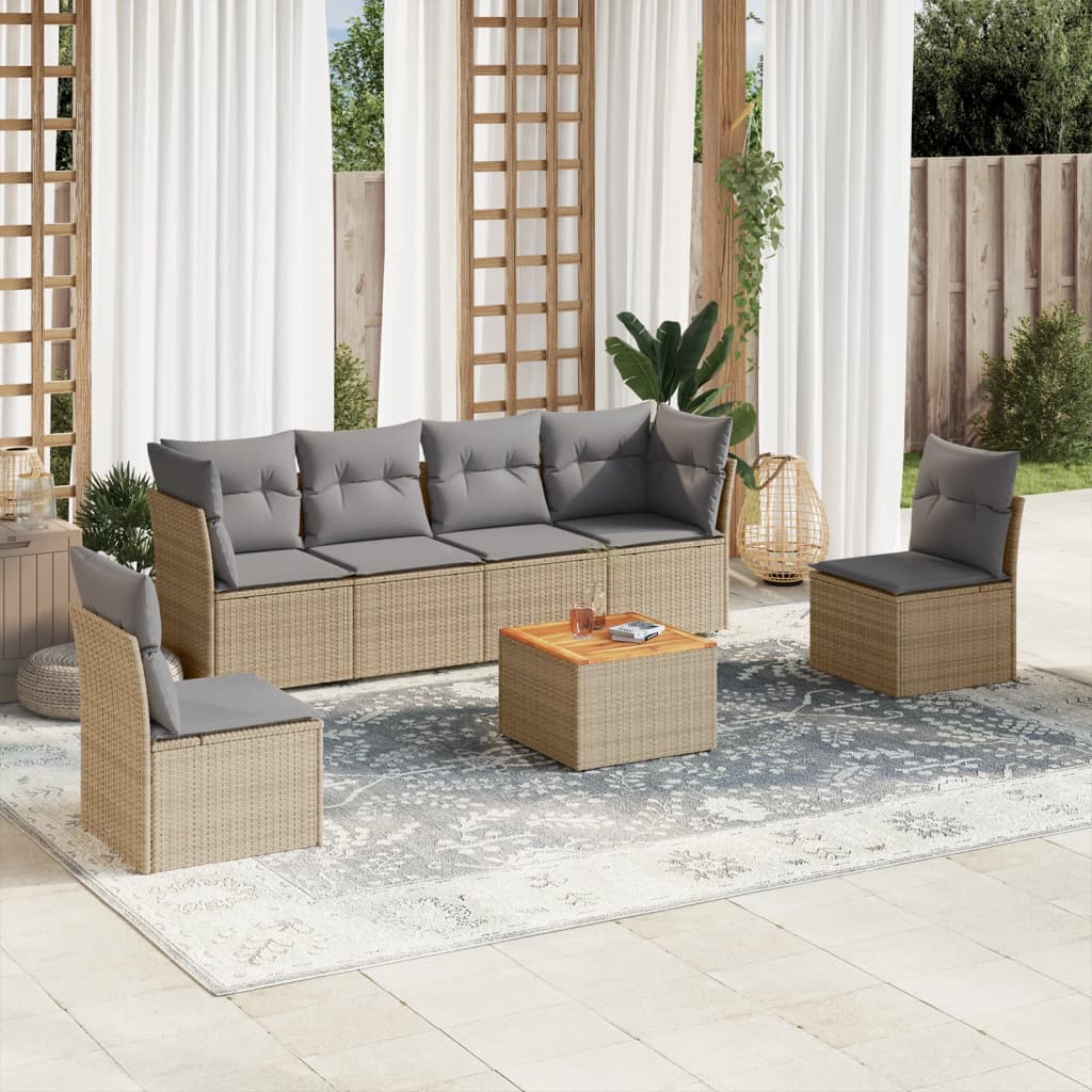 7 Pcs conj. sofás jardim c/ almofadões vime PE bege misturado