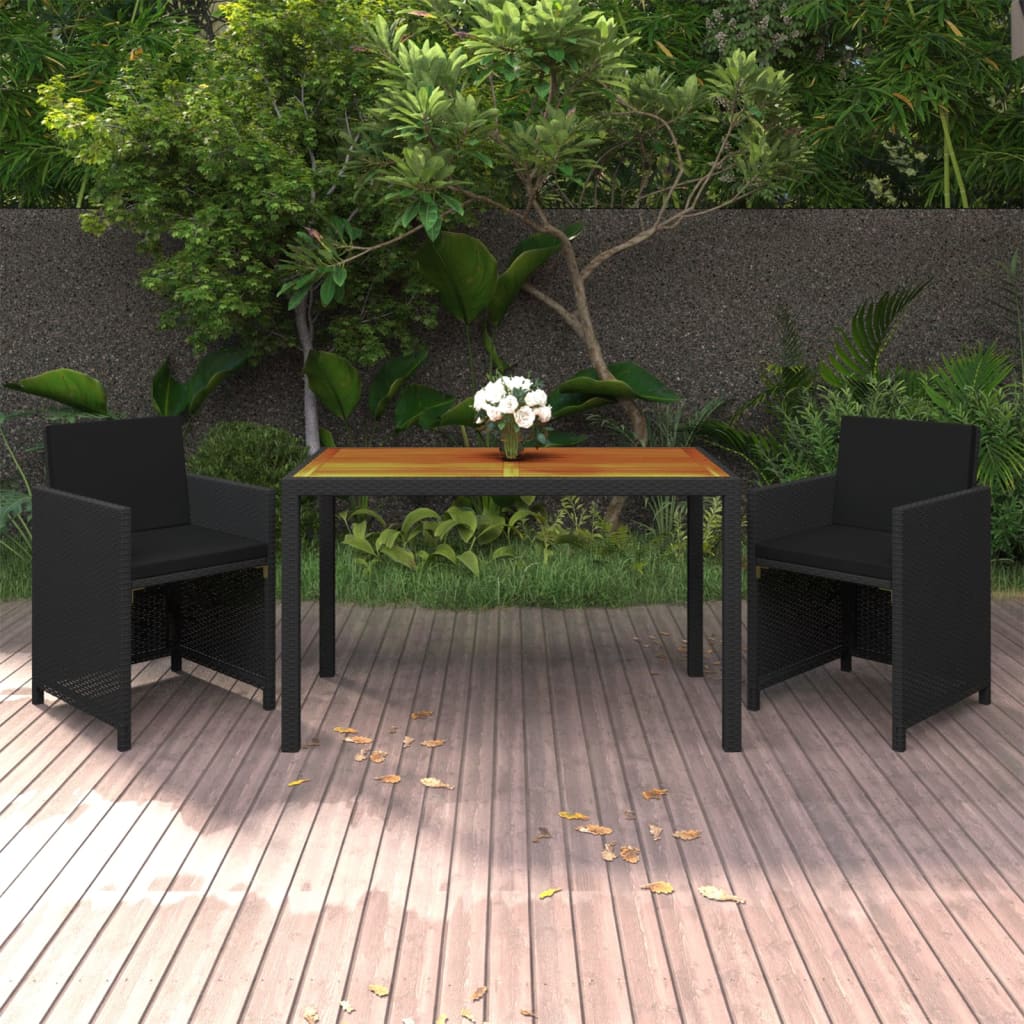 3 Pcs conjunto de jantar p/ jardim c/ almofadões vime PE preto