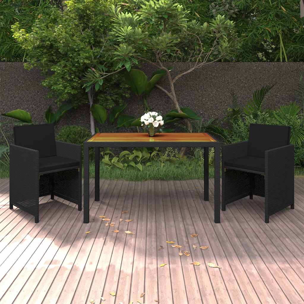 3 Pcs conjunto de jantar p/ jardim c/ almofadões vime PE preto