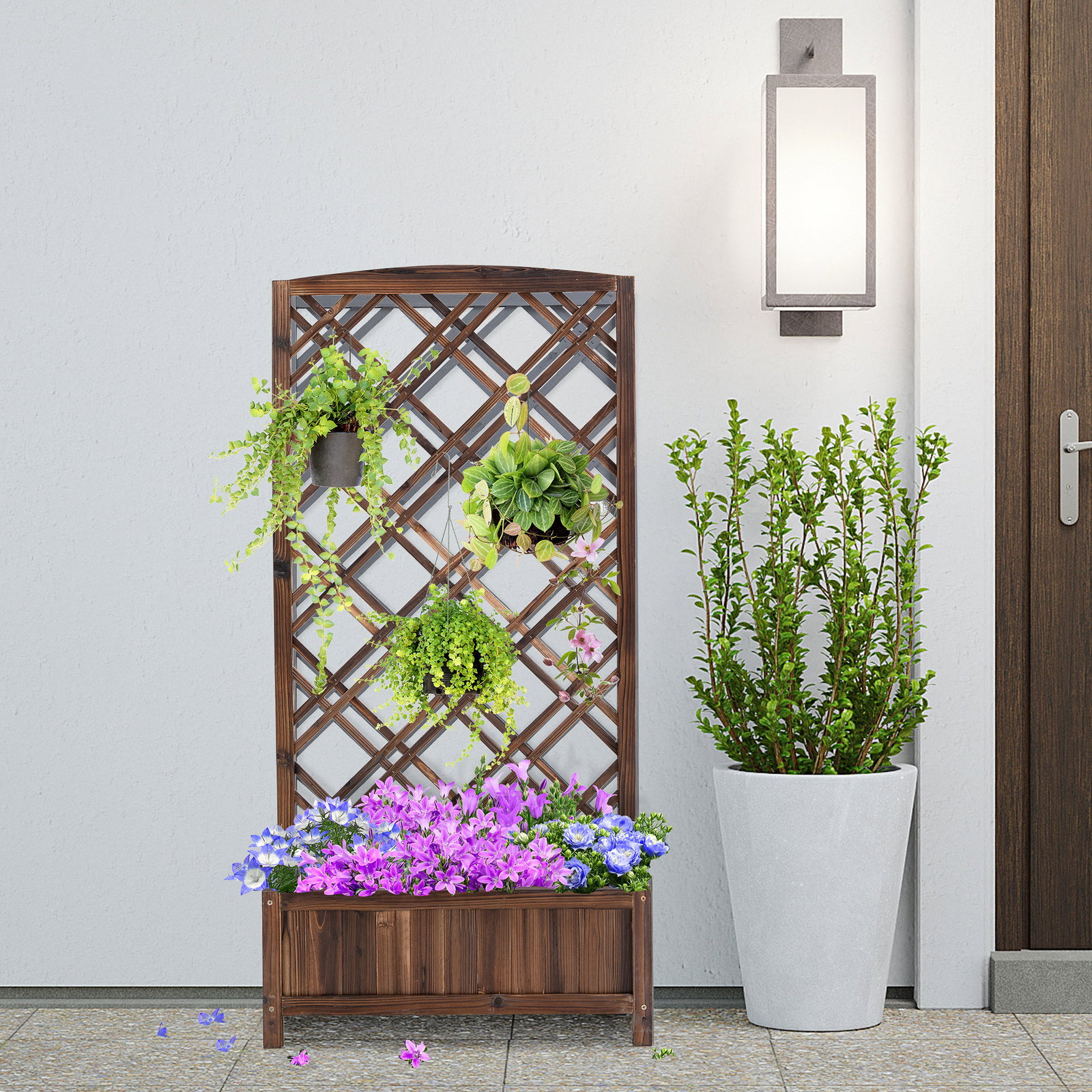 Floreira com treliça de madeira caixa de plantio com suporte para plantas trepadeiras 60x30x122,5cm marrom