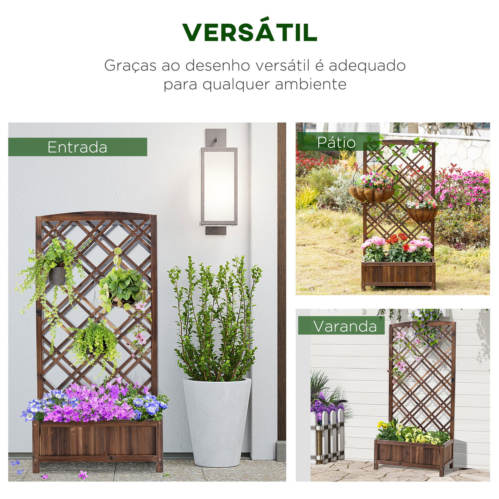 Floreira com treliça de madeira caixa de plantio com suporte para plantas trepadeiras 60x30x122,5cm marrom