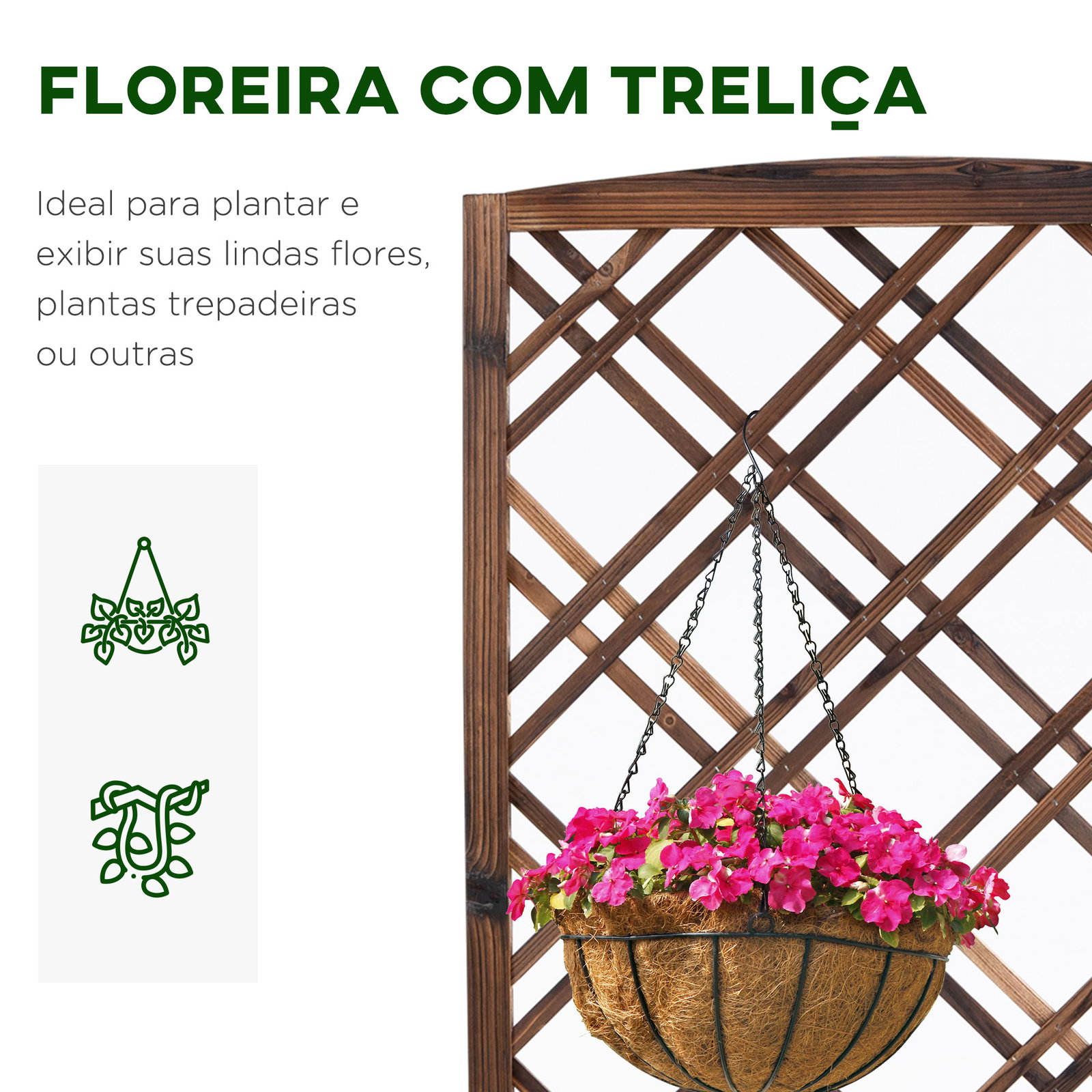 Floreira com treliça de madeira caixa de plantio com suporte para plantas trepadeiras 60x30x122,5cm marrom