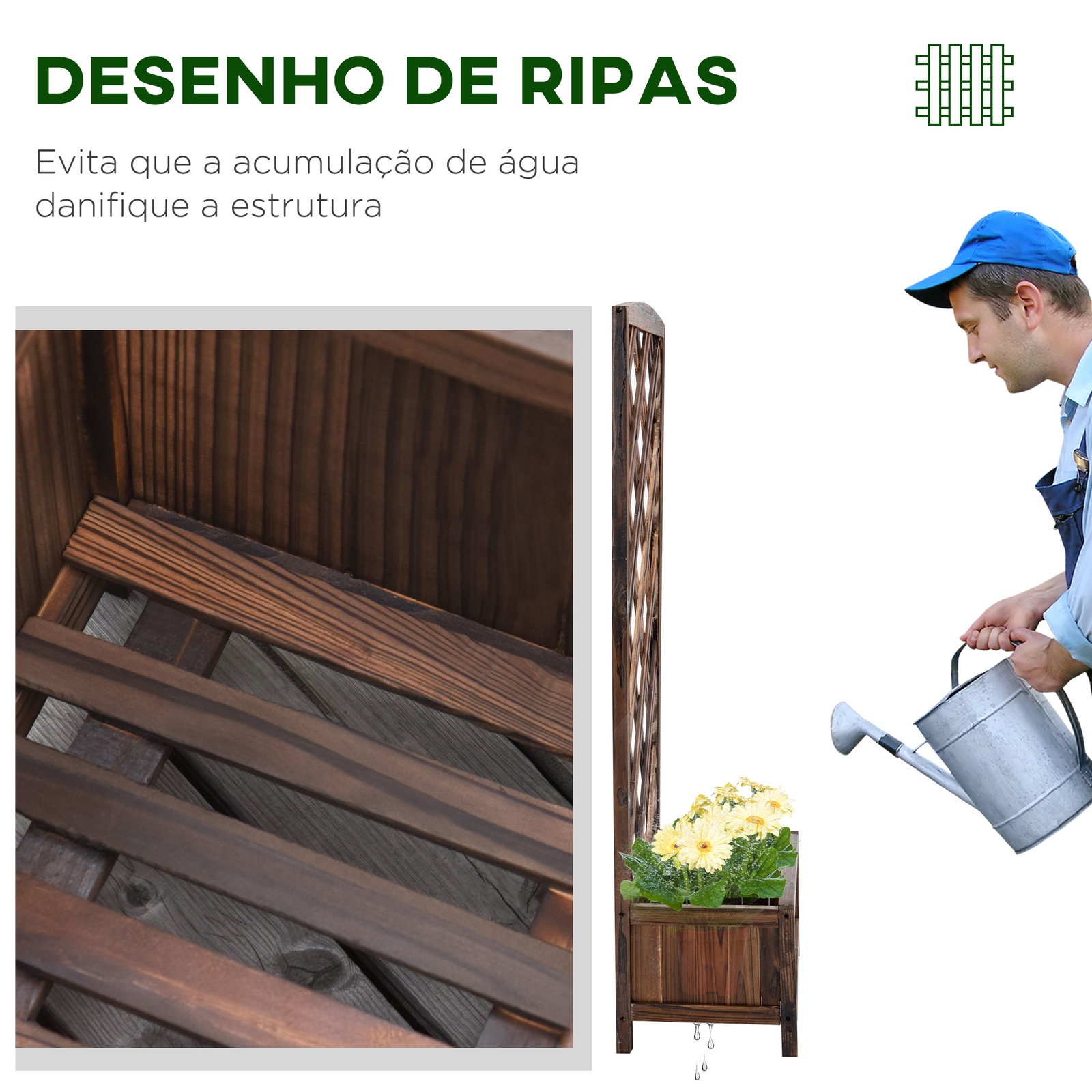 Floreira com treliça de madeira caixa de plantio com suporte para plantas trepadeiras 60x30x122,5cm marrom
