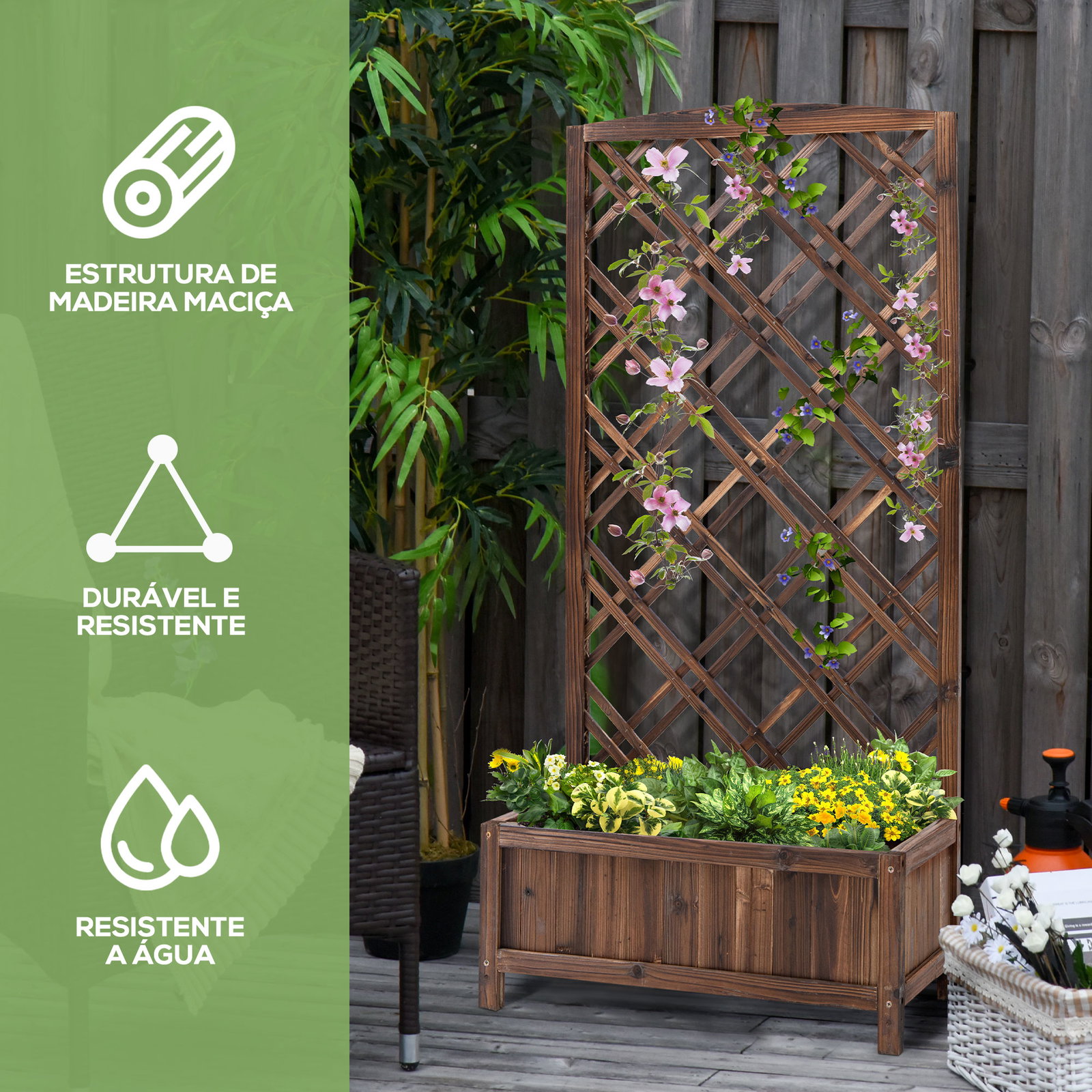 Floreira com treliça de madeira caixa de plantio com suporte para plantas trepadeiras 60x30x122,5cm marrom