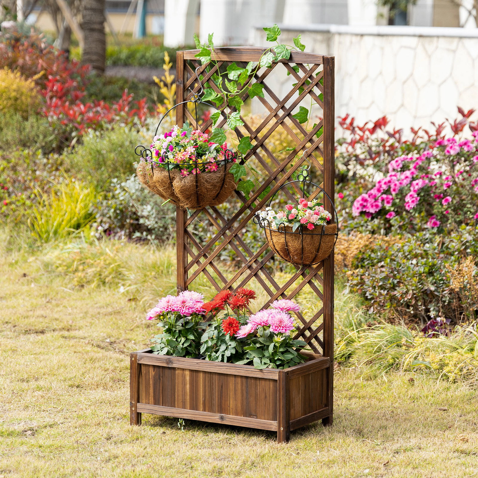 Floreira com treliça de madeira caixa de plantio com suporte para plantas trepadeiras 60x30x122,5cm marrom