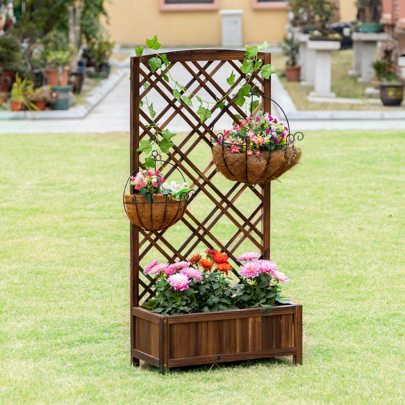 Floreira com treliça de madeira caixa de plantio com suporte para plantas trepadeiras 60x30x122,5cm marrom