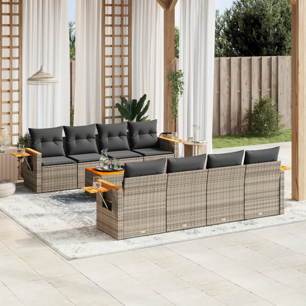 9 Pcs conjunto sofás p/ jardim com almofadões vime PE cinzento