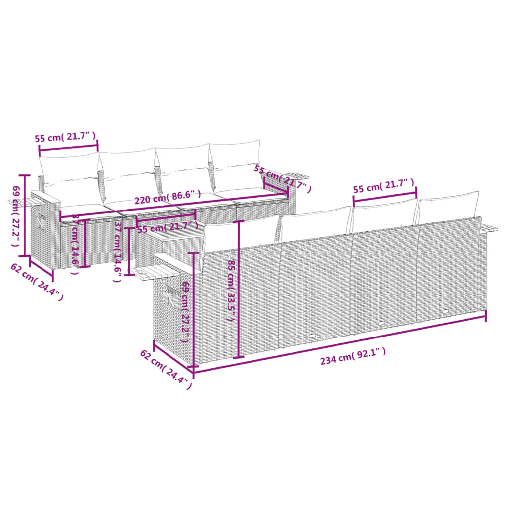 9 Pcs conjunto sofás p/ jardim com almofadões vime PE cinzento