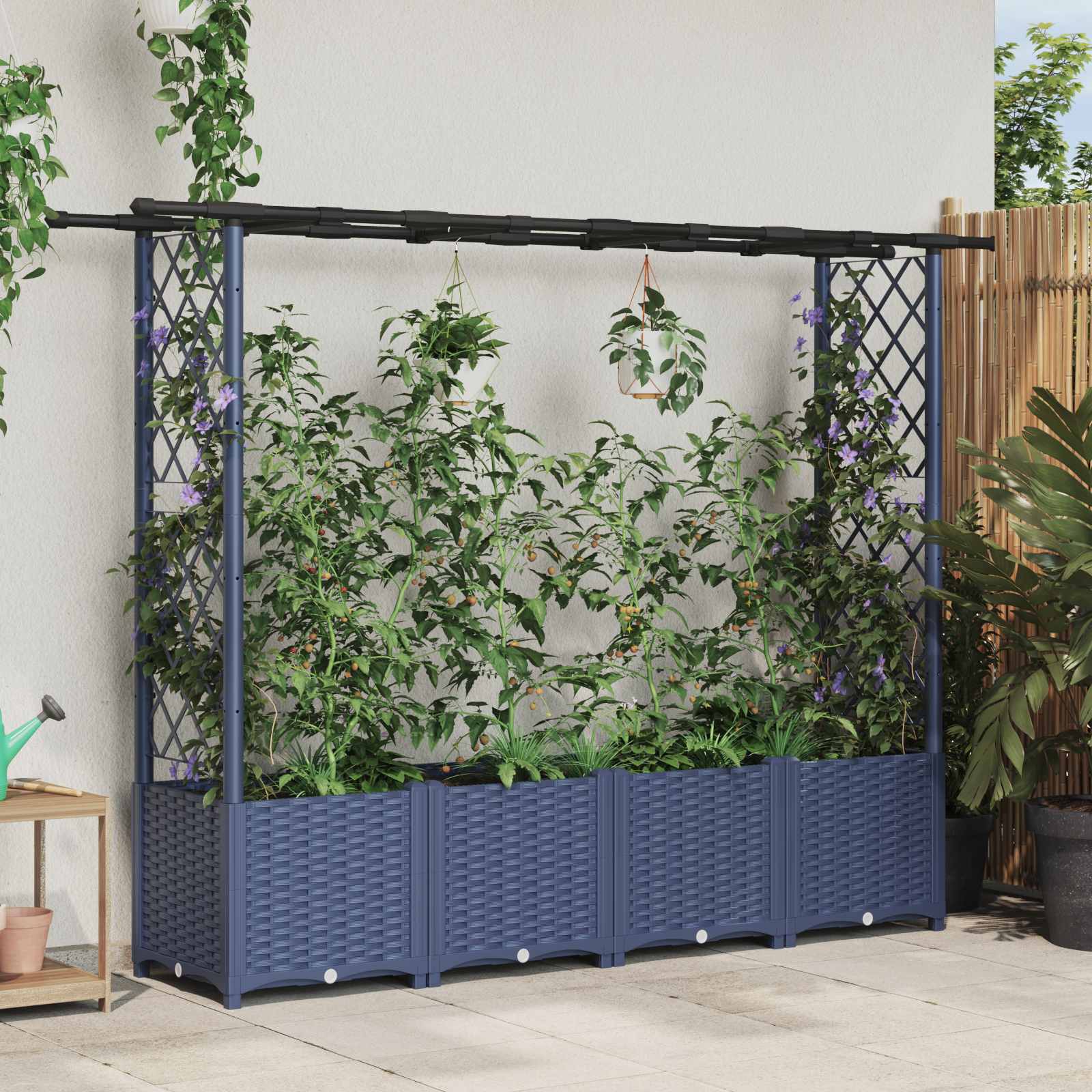 Cama elevada com treliça e telhado cinzento 203 x 40 x 136 cm