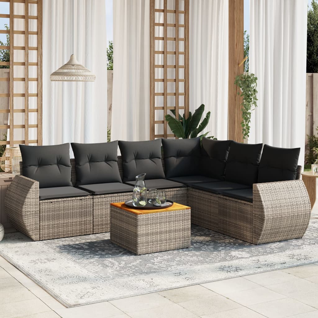 7 Pcs conjunto sofás p/ jardim c/ almofadões vime PE cinzento