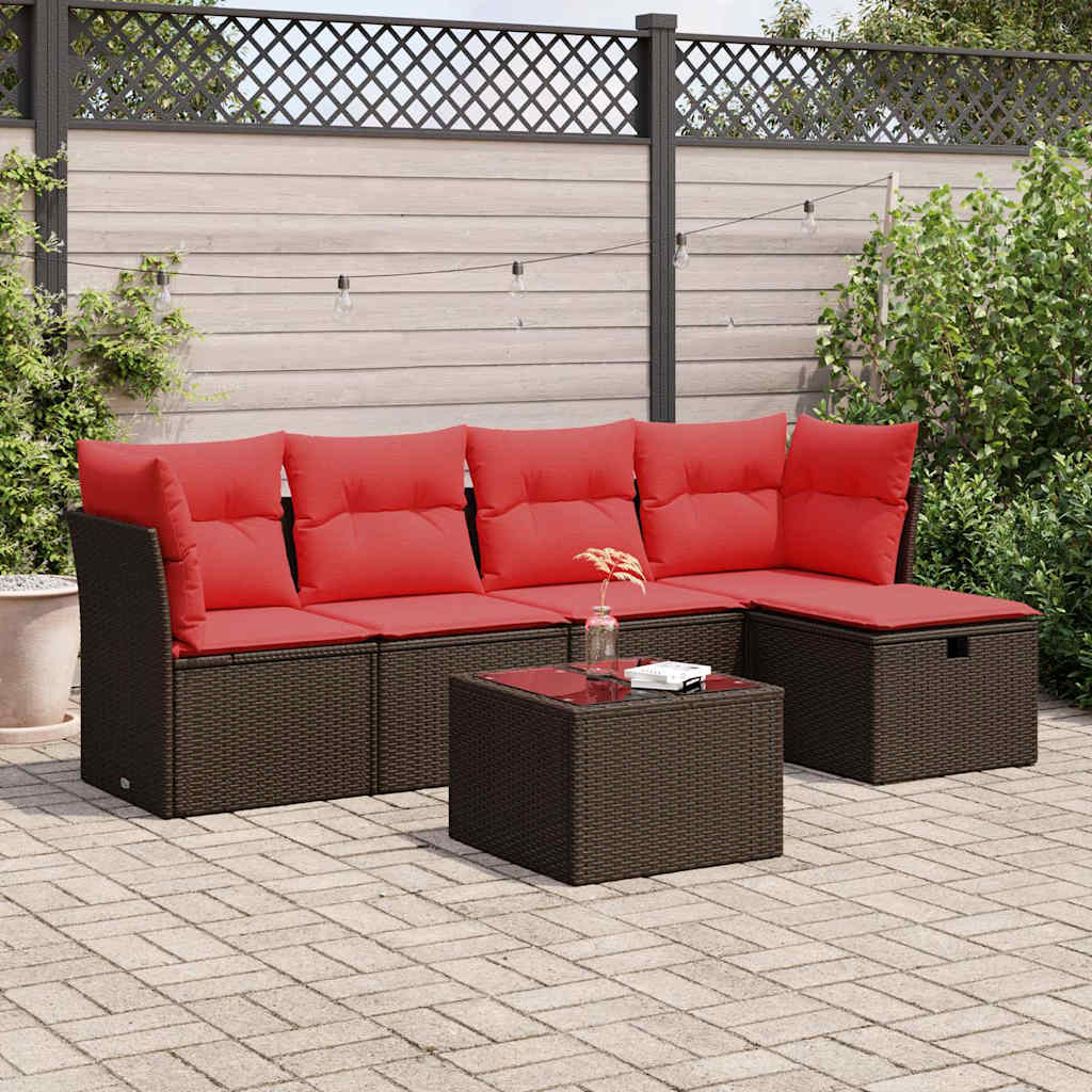 6 Pcs conjunto de sofás jardim c/ almofadões vime PE castanho