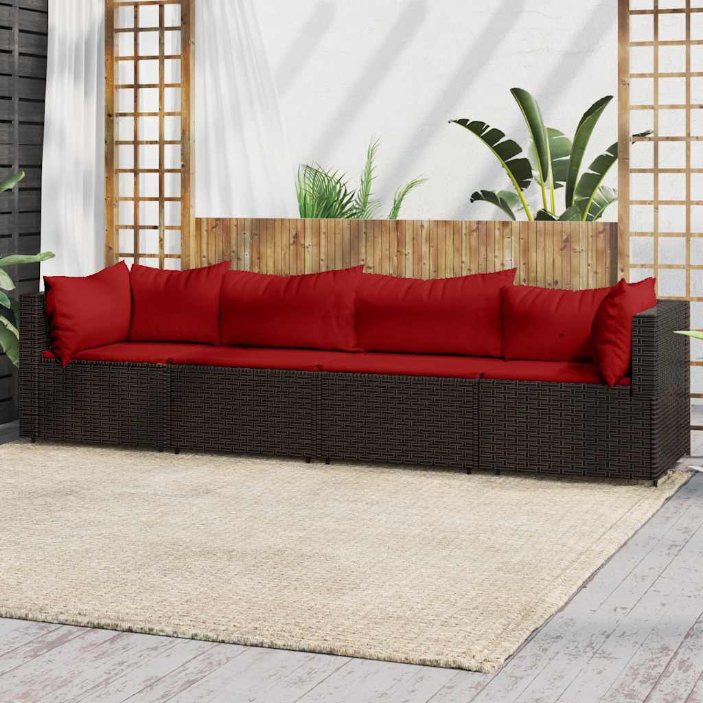 4 Pcs conjunto lounge jardim c/ almofadões vime PE castanho