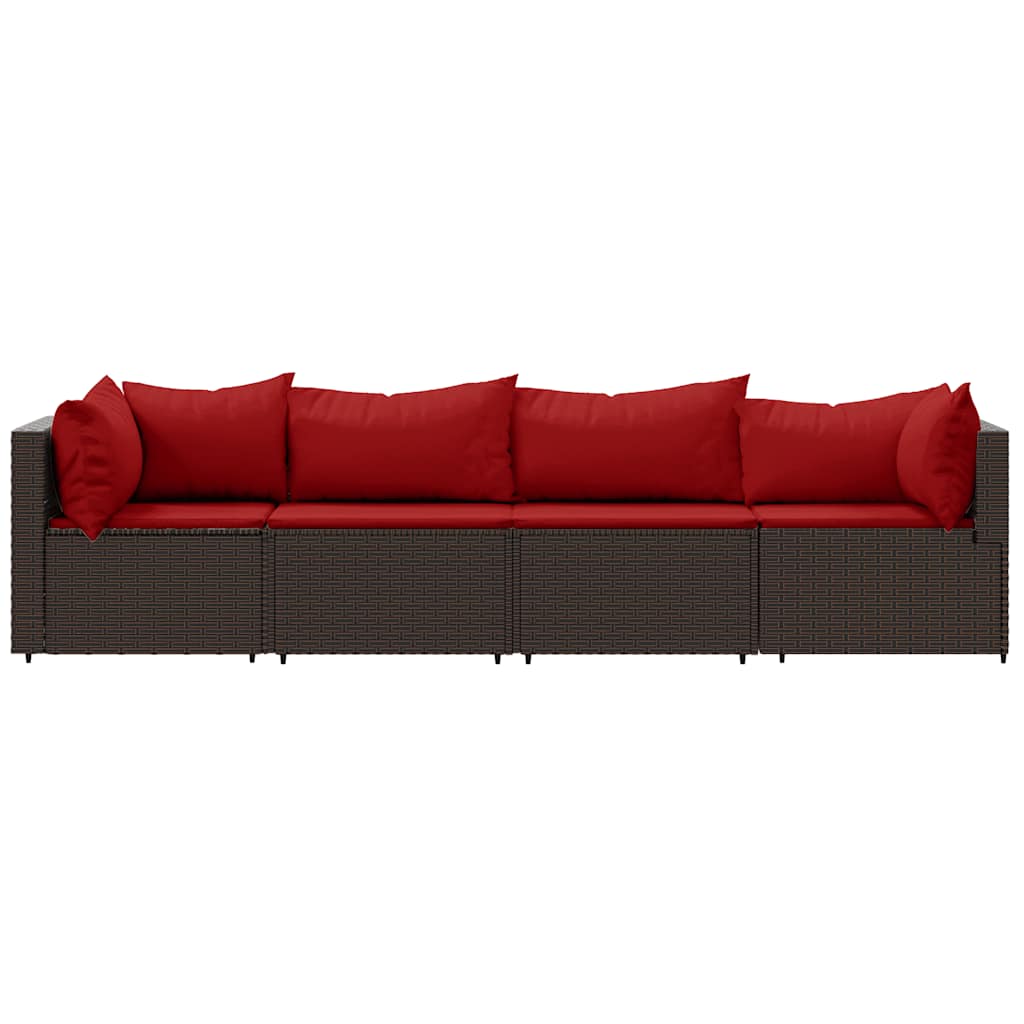 4 Pcs conjunto lounge jardim c/ almofadões vime PE castanho