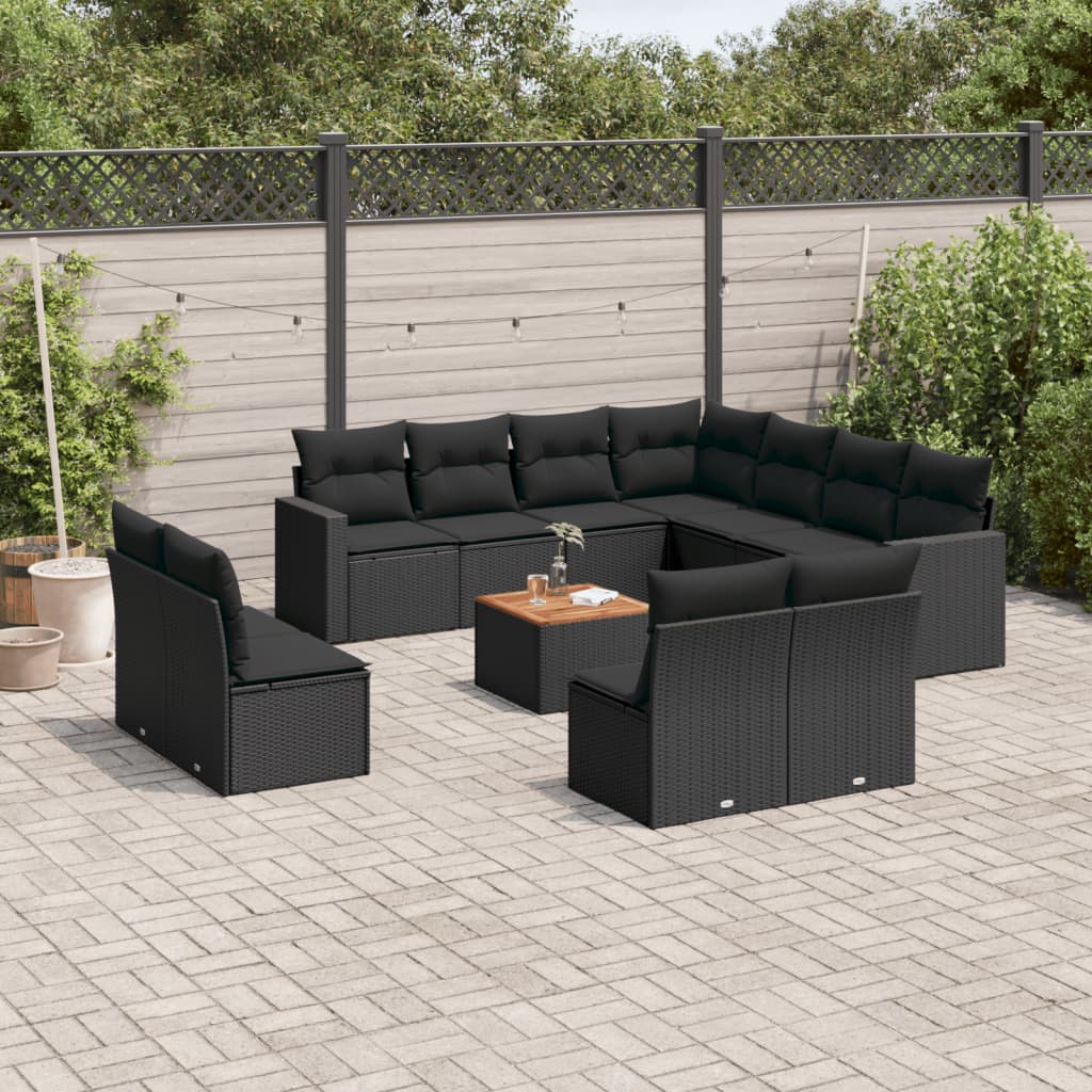 12 Pcs conjunto de sofás de jardim c/ almofadões vime PE preto