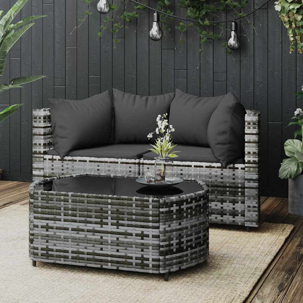3 Pcs conjunto lounge de jardim c/ almofadões vime PE cinzento