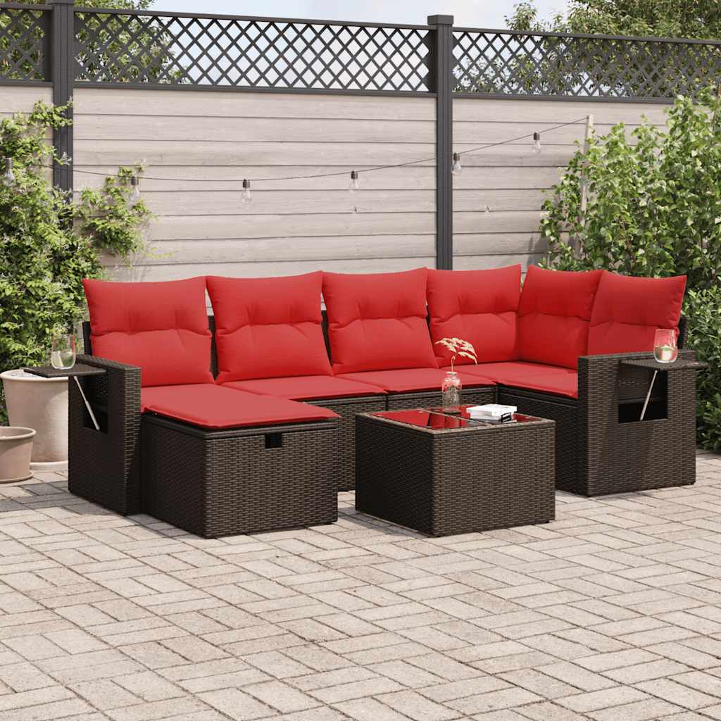 7 Pcs conjunto de sofás jardim c/ almofadões vime PE castanho