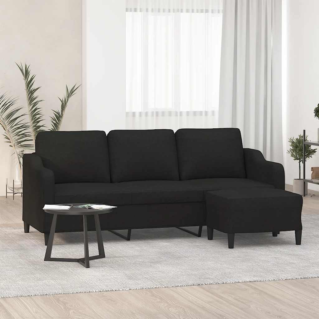 Sofá de 3 lugares com apoio de pés 180 cm tecido preto